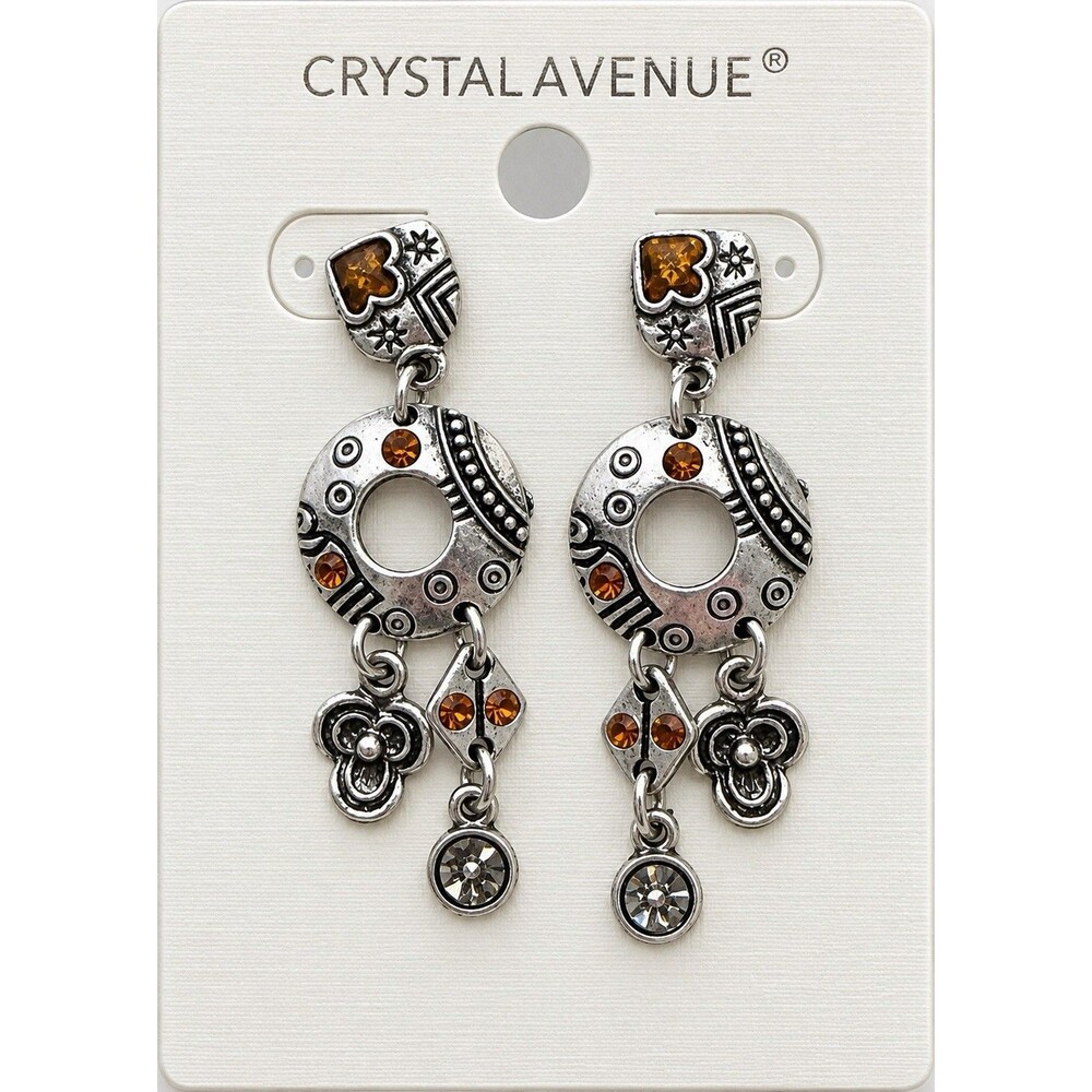 Bohemian Dangle Earrings Silver Tone Amber Rhinestone Eclectic Statement